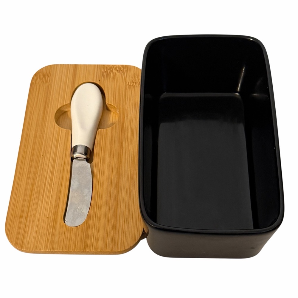 Unmarked Black Ceramic Butter Keeper Bamboo Lid Knife Farmhouse Kitchen Decor - Picture 2 of 7
